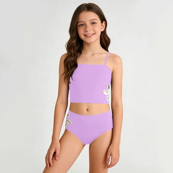 Girls Swimsuit Adjustable Straps Cut Out Swimwear 2 Piece Solid Color Tankini for Girls Bathing Suit 9-18Y