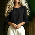 thumbnail image 4 of hoksml Women's Cotton Linen Round Neck 3/4 Bell Sleeve Blouse with Eyelet Trim, Loose Fit Casual Summer Daily Wear Top, 4 of 6
