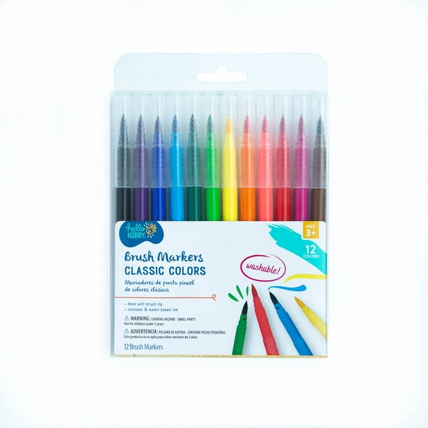 Hello Hobby Brush Markers with Washable Ink, Bullet Tip, Classic Colors