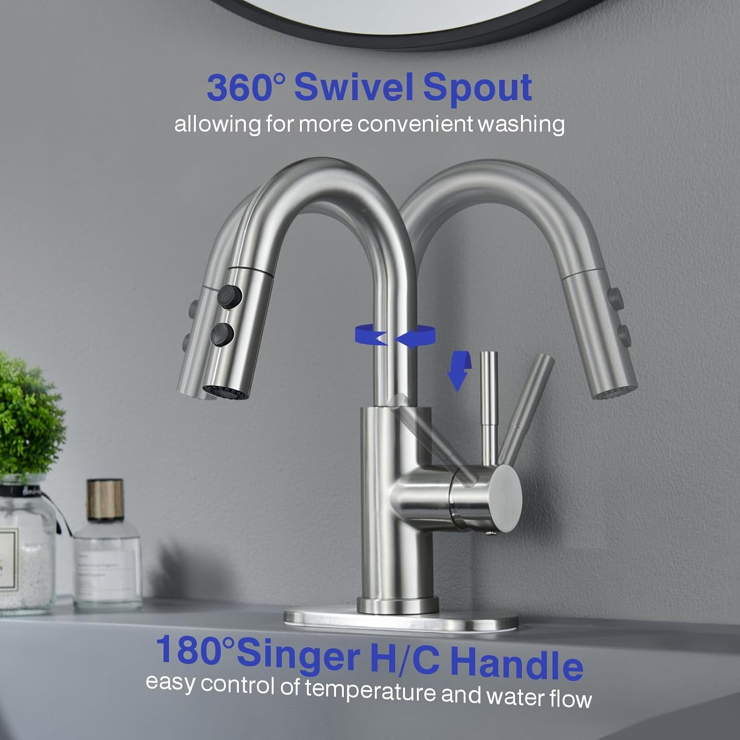 Bathroom Sink Faucet with Pull Down Sprayer, Brushed Nickel Single Handle Pull Out Faucet with Pop-Up Drain, 1 or 3 Hole Laundry Bar Basin Faucet with Deck Plate