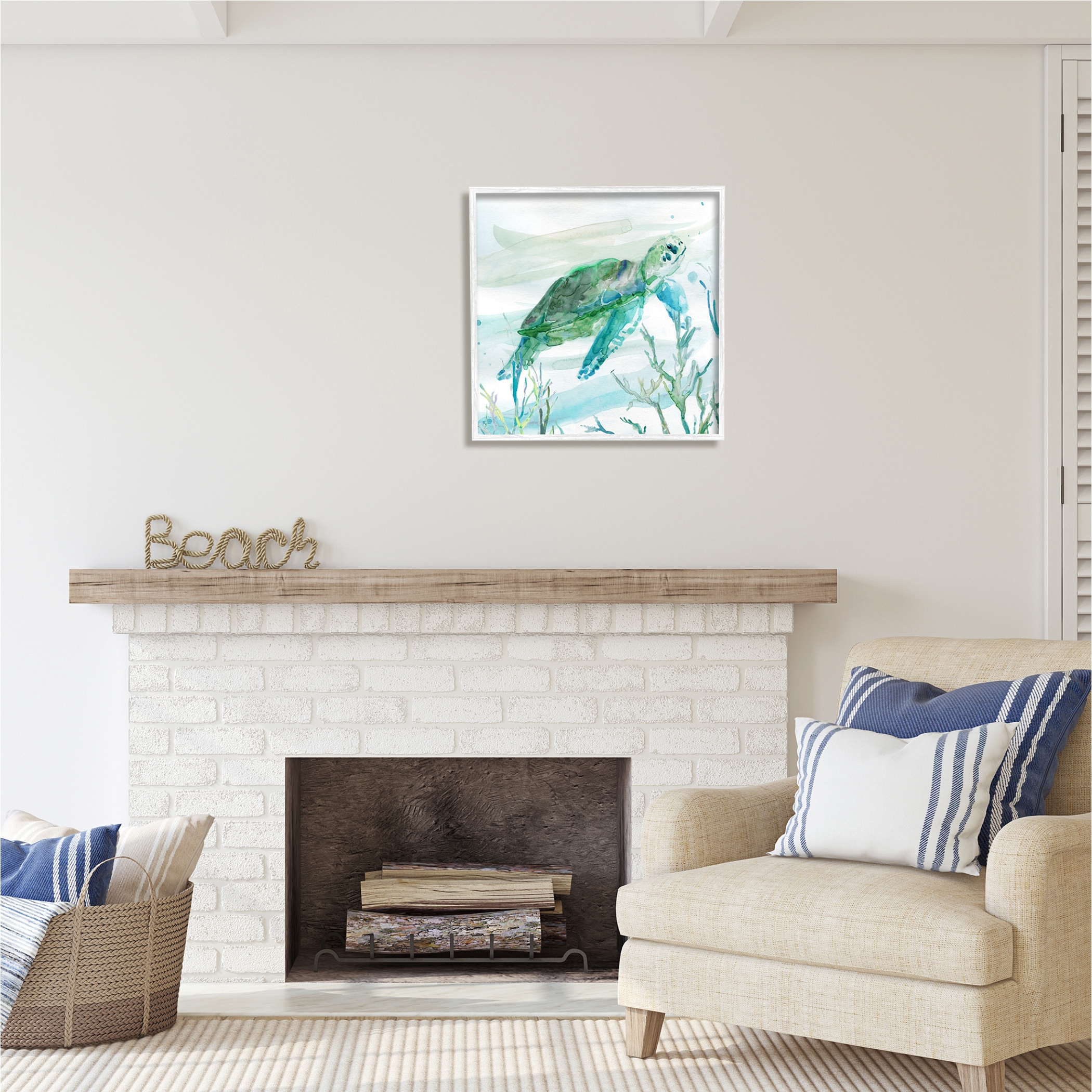 Stupell Industries Modern Turtle Underwater Animals & Insects Painting White Framed Art Print Wall Art, 24 x 24