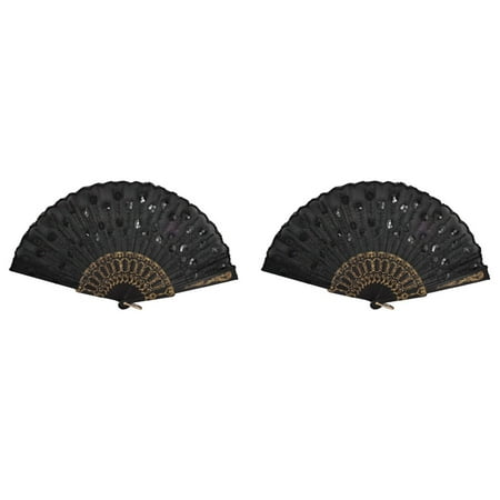 

2X Black Plastic Frame Embroidery Floral Detail Folding Hand Fan