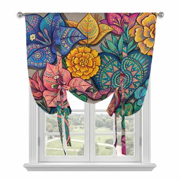 Colorful Abstract Floral Balloon Curtains 63 Inch Length for Living Room/Bedroom, Farmhouse Vintage Flowers Boho Rod Pocket Privacy Door Curtains Decorative Tie Up Shade for Window 52"x63"