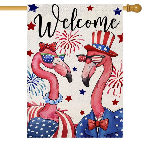 4th of July House Flags for Outdoor Decoration, Patriotic Flamingo Large Yard Flag,Seasonal Decorative Decors for Summer 250th Years America Anniversary Holiday Outside 28x40 Inch Double Sided