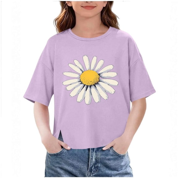 Zpanxa Girls Shirts, Girls Summer Tops Big Girls Print T-Shirt Loose Short Sleeve Split Hem Casual Tee Purple Crew Neck Summer Tops for Kids 3-14 Years Purple 9 Years