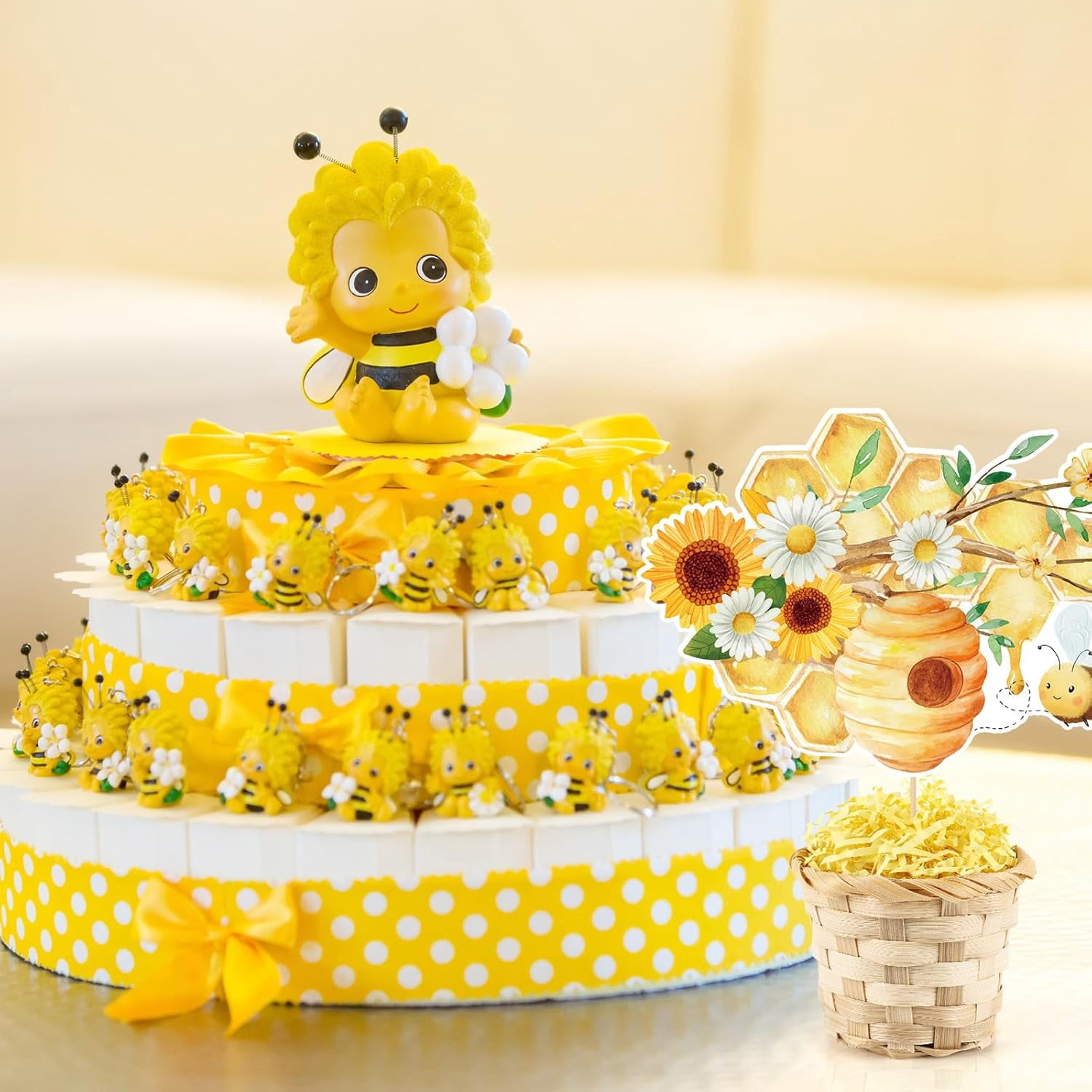 6 Set Bee Bumble Honeycomb Baby Shower TableCenterpieces Decortion with Bamboo Basket A Little Bee Is On The Way Welcome Oh Baby Boy Girl Gender Reveal Party Birthday Nursery Cake Toppers Tiered Tray