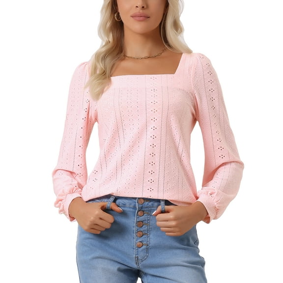 INSPIRE CHIC Women's Casual Hollow Out Shirt Square Collar Puff Long Sleeve Pullover Tops