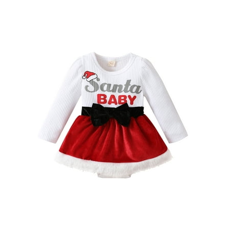 

Amuver Infant Baby Girl Christmas Jumpsuit Dress Letter Print Long Sleeve Round Neck A-Line Jumpsuit with Bow Decoration
