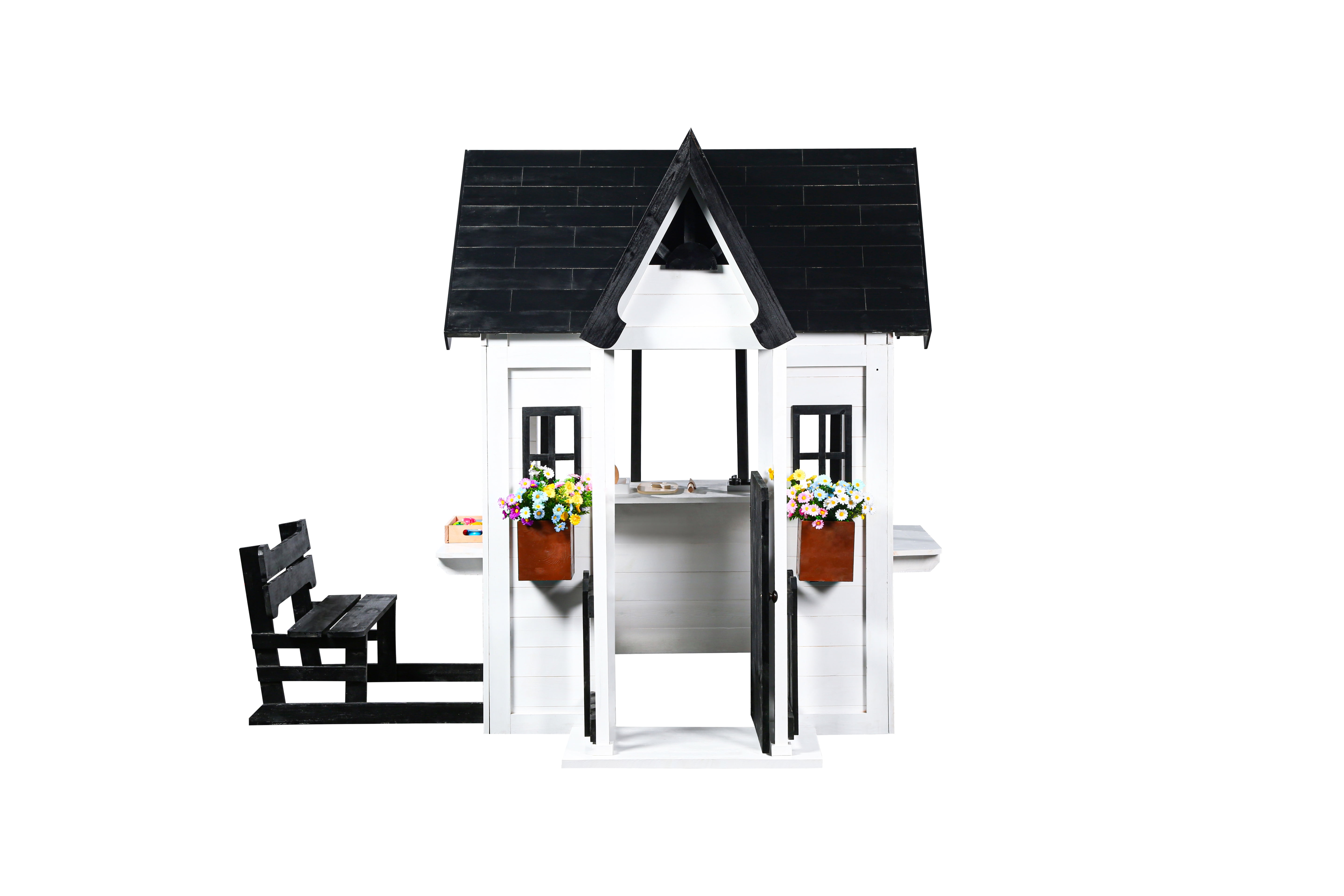 2MamaBees Oceano Playhouse | White & Black Farmhouse Design with Kitchen and Garden