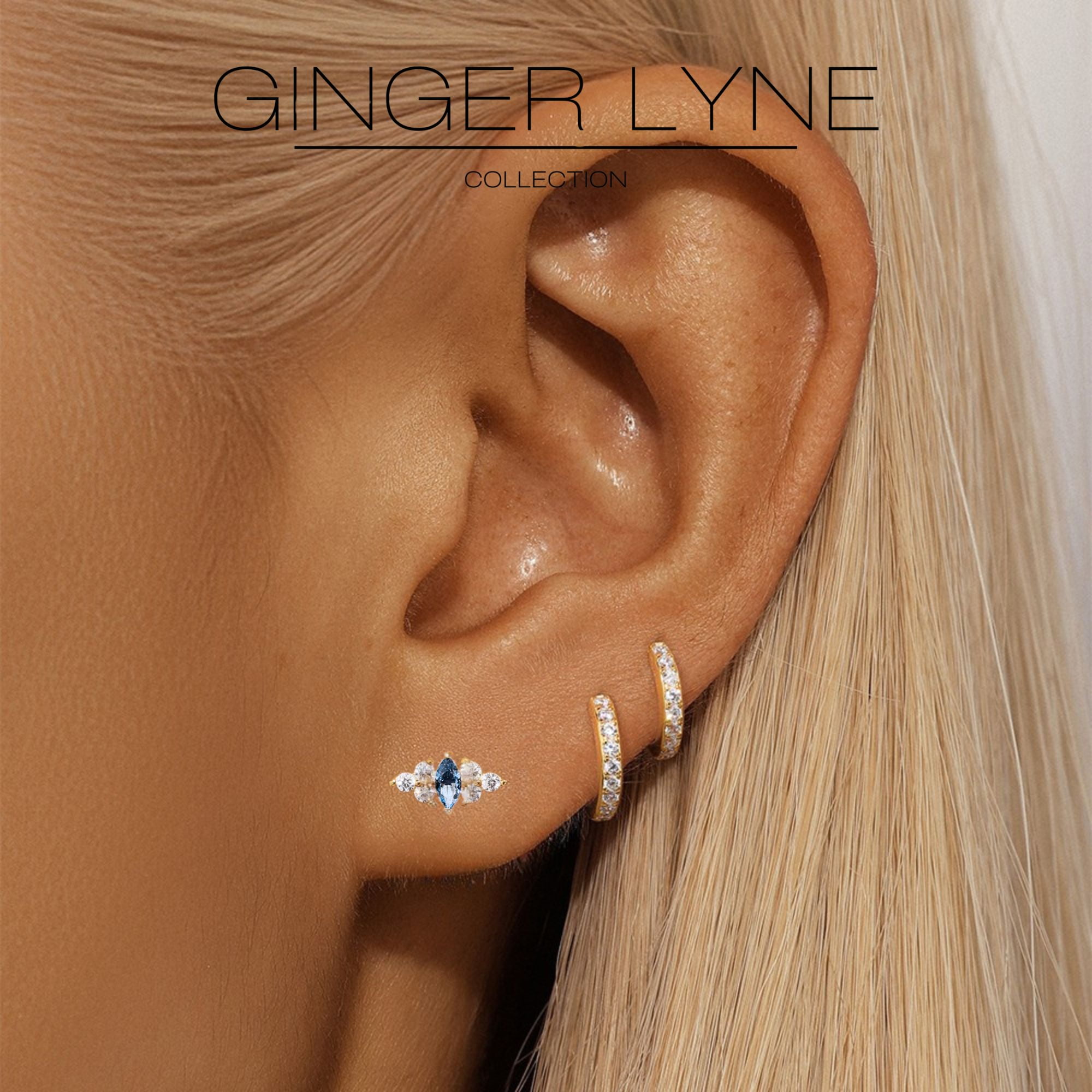 Blue Marquise CZ Flat Back Earrings for Cartilage or Lobe 16g Gold Plated Sterling Silver 1 pair by Ginger Lyne