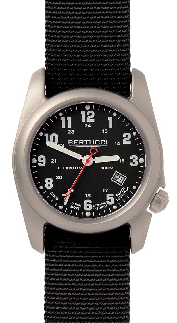 BERTUCCI Mens A-2T Original Classic Analog Titanium Watch - Black Nylon Strap - Black Dial - 12722