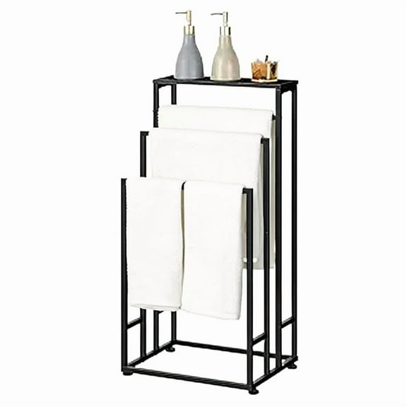 Freestanding towel rack, three-layer metal industrial blanket ladder rack, bathroom towel drying rack, suitable for bathrooms, university dormitories, poolside, black