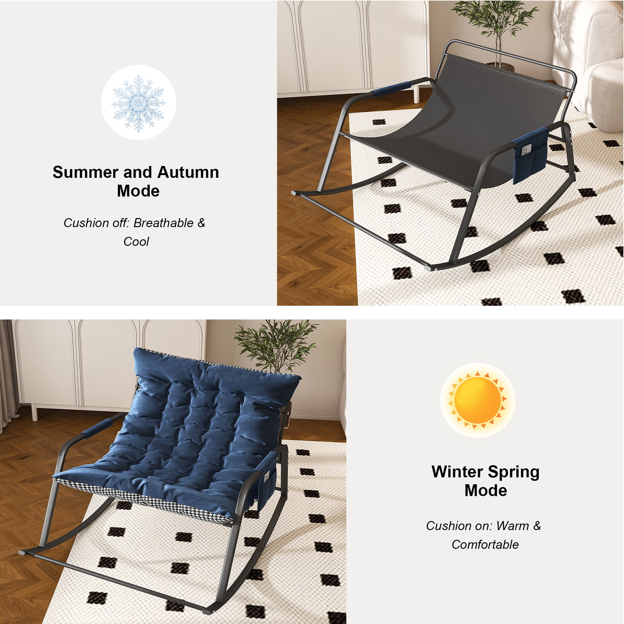 Firmoz Navy Oversized Papasan Rocking Chair, Cushioned Ergonomic with Storage Armrest, All-Weather Breathable for Patio, Living Room, Bedroom