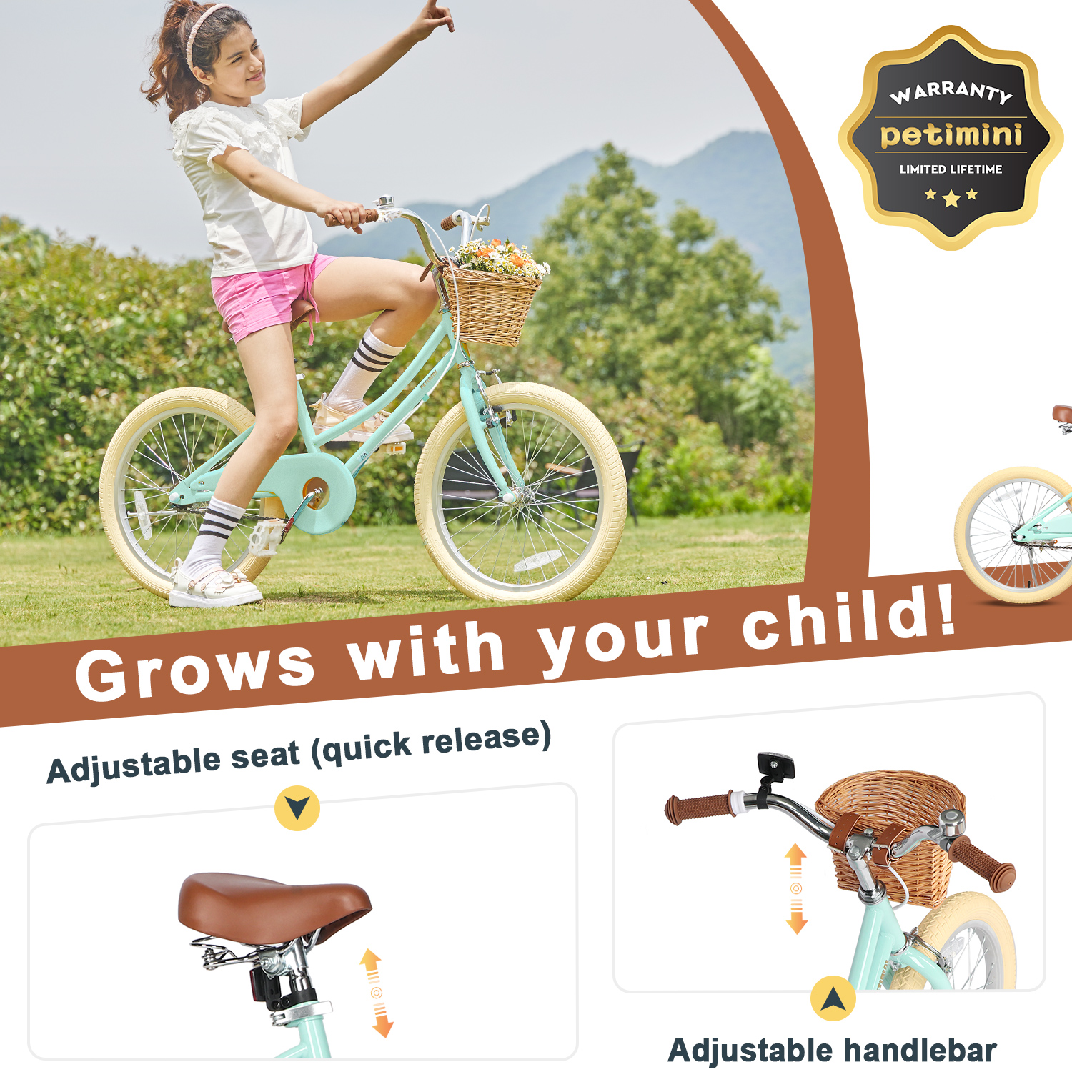 Petimini 20 Inch Kids Bike for 4 5 6 7 Years Old Little Girls Retro Vintage Style Bicycles with Training Wheels and Bell, Mint Green