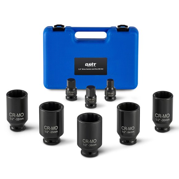 Orion Motor Tech 8pc Axle Nut Socket Set, 1/2 in Drive Metric 12 Point CR-MO Axle Nut Impact Socket Set, Extra-Deep Spindle Axle Nut Sockets with Stor