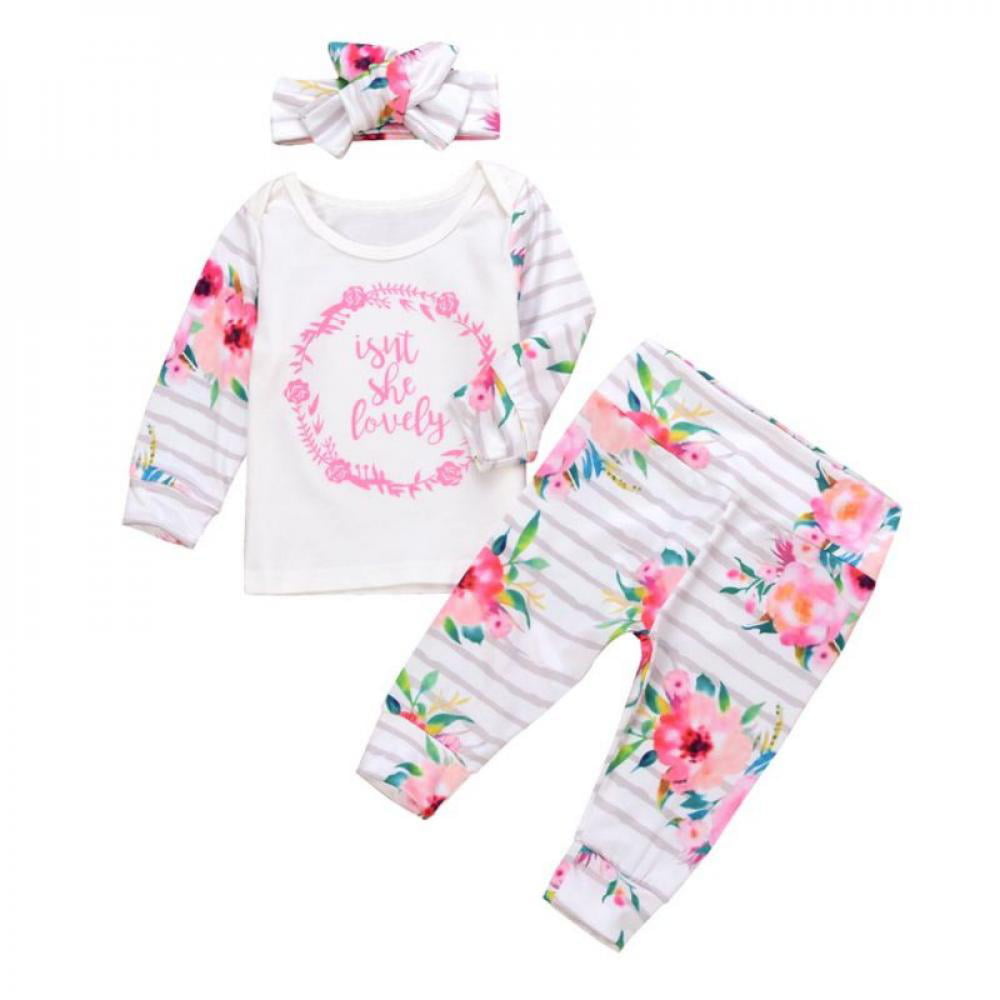 Lurryly Baby Girls Floral Striped Hooded Tops Pullover Pants Clothes Pajamas Outfit 0-2T