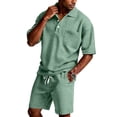 thumbnail image 3 of Men's Waffle Shirt and Shorts Set Short Sleeve Button Polo Shirt and Shorts Set with Pockets Textured Drawstring Track Suits Athletic Summer Vacation Beach Travel Joggers Tracksuit,Light Green 4XL, 3 of 7