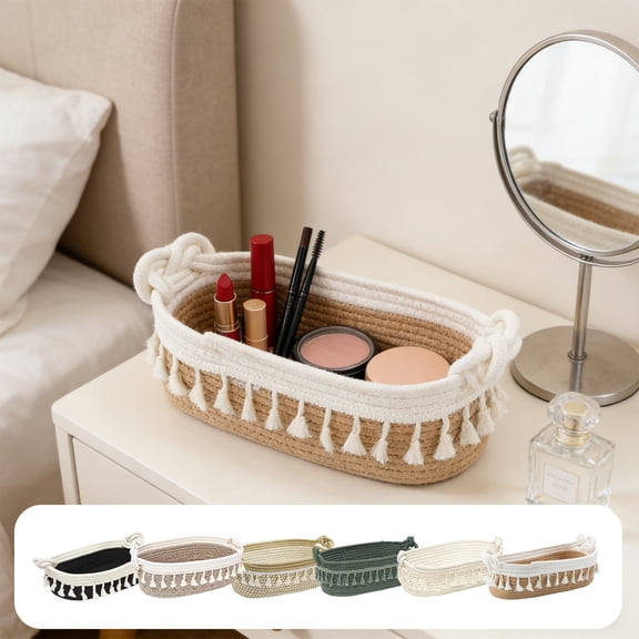 Naxoaeo Storage Basket, Decorative Woven Rope Bin for Makeup, Perfume, Cosmetics Organizer, Boho Bedroom & Bathroom Counter Decor, Farmhouse Style Desk Storage, 13.4 inch
