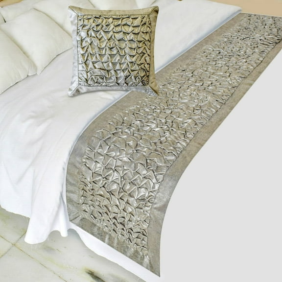 The HomeCentric King / Queen / Twin Silver Decorative Bed Runner Twin 53"x18" Bed Runner WITHOUT Pillow Cover, Foil, Knotted,Textured Bed Scarf on Jacquard fabric - Polished Silver