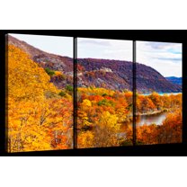 Elephant Stock Autumn Bear Mountainscape Wall Art - Horizontal Multi Panel Canvas - 3 Pieceliving Room Wall Decor - Photography Nature Multi Panel - Orange And Blue Decor - 50" x 32"