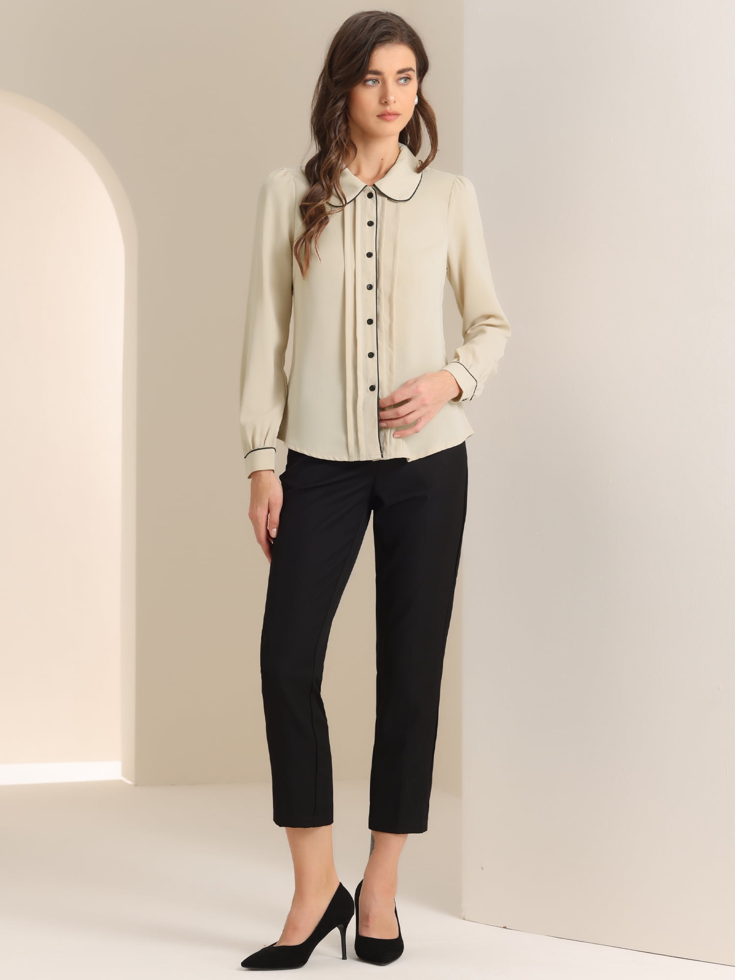 DARING DIVA Women's Peter Pan Collar Puff Sleeve Work Blouse XS Light Khaki