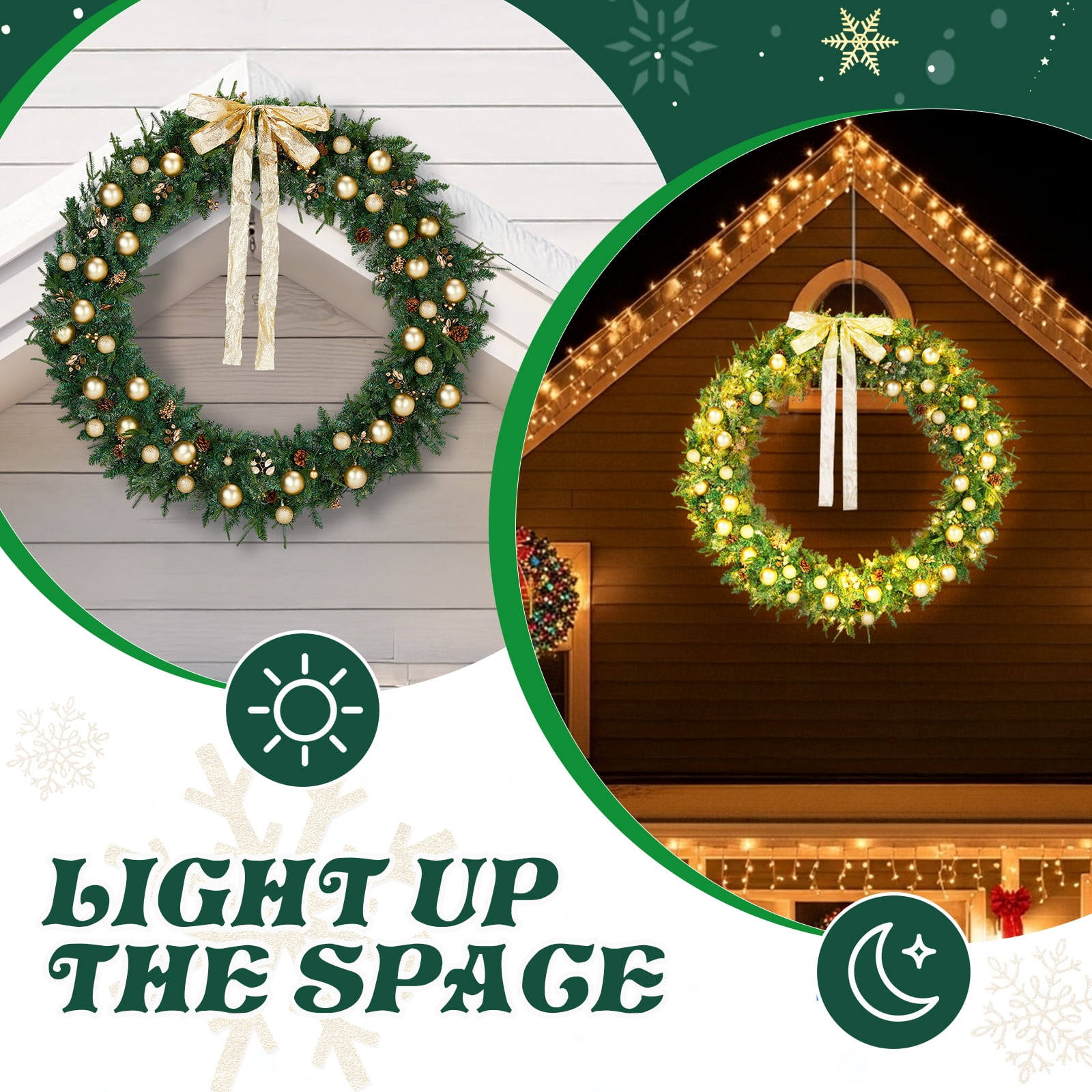 60in Lighted Artificial Christmas Wreath with Remote Control 8 Modes