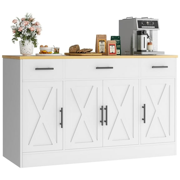 Walsunny 53.4" Sideboards Buffets Cabinet Table with 3 Drawers 4 Doors Adjustable Shelf Farmhouse Coffee Bar Cabinet with Storage for Kitchen Living Room Dining Room White