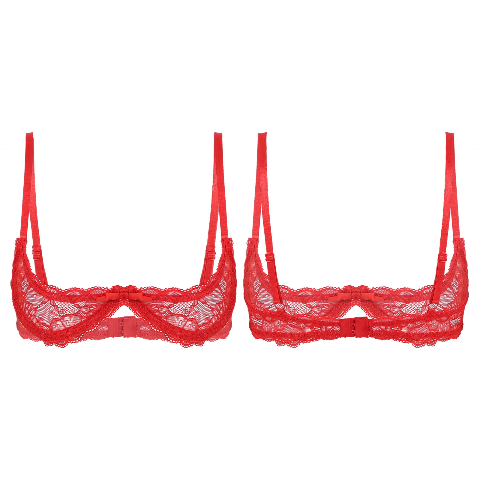DPOIS Women's Sheer Lace 1/4 Cup Underwired Shelf Bra Balconette Unlined  Bralette Red 3XL 