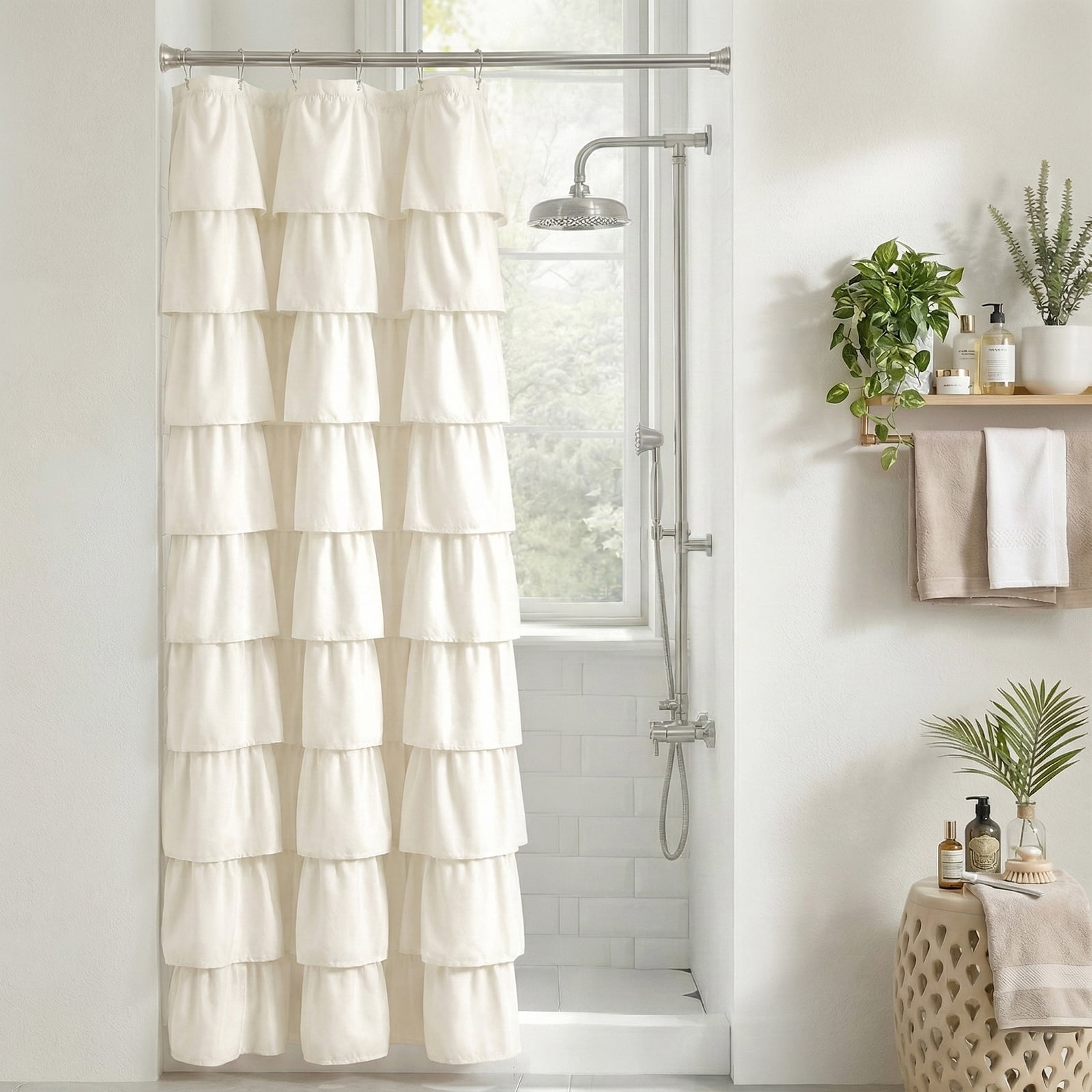Seasonwood Ruffle Shower Curtain,Ivory Farmhouse Style Fabric Bathroom Curtain,36 x 72 Inch