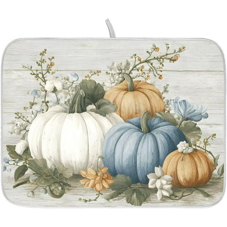 Fall Blue Orange Grey Pumpkin Thanksgiving Dish Drying Mat for Kitchen Counter Absorbent Microfiber Small Drying Pad Dish mats for Kitchen Countertops 16 x 18 Inch