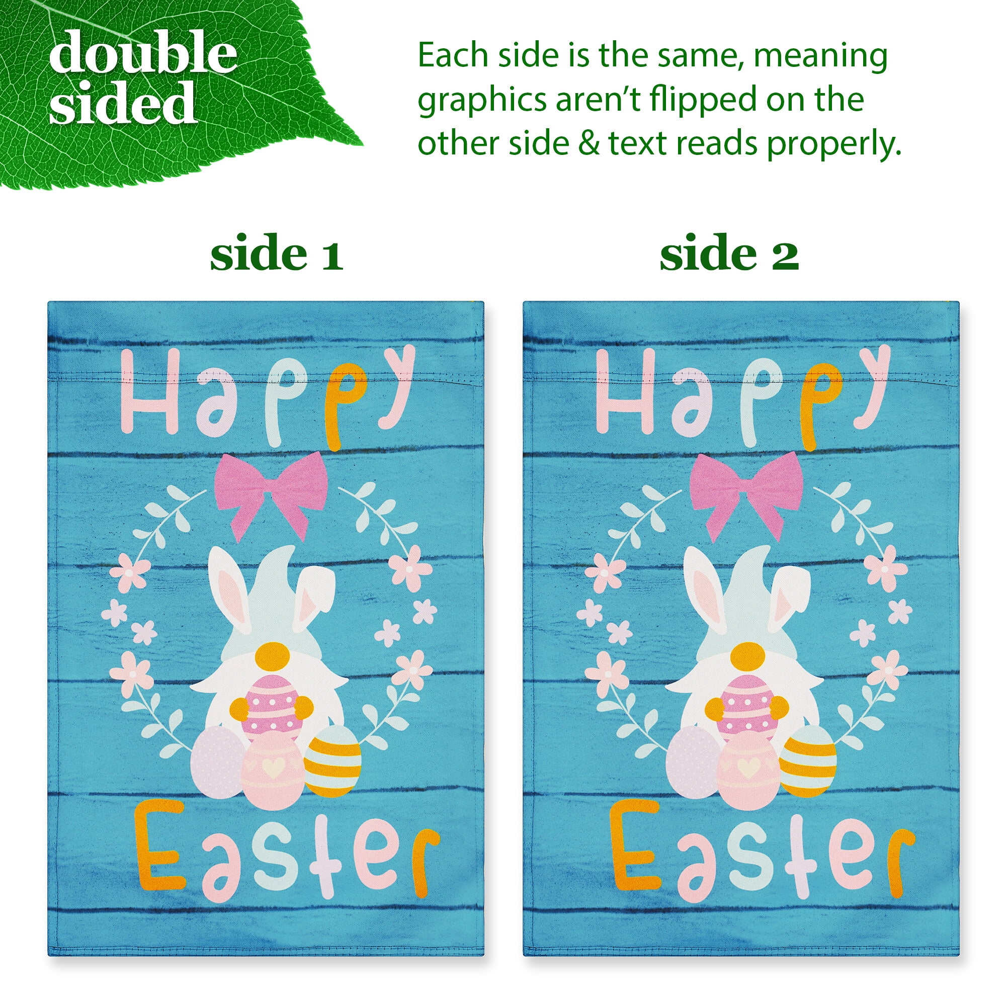 G128 2sets: 36"x16" Black Garden Flag Stand & Double-Sided 12"x18" Easter Flags Rabbit Gnome Eggs