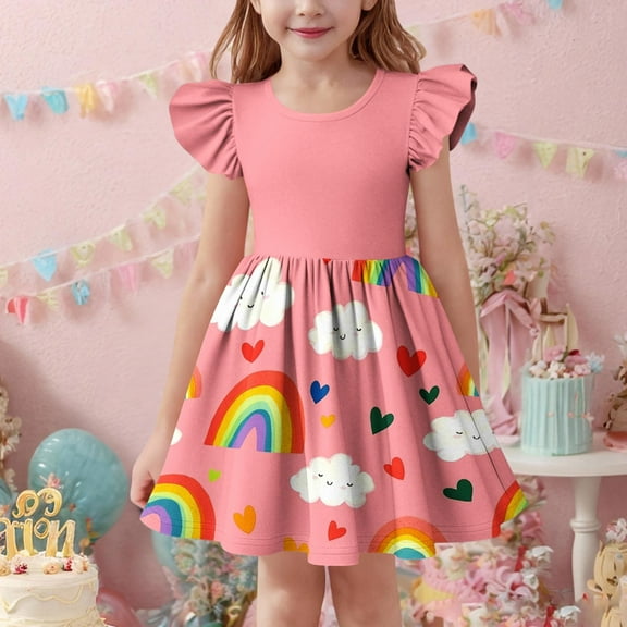 Fatuov Girls A-Line Dress Crew Neck Loose Fit Bohemian Dress for Holiday Cute Print Flutter Sleeve Summer Dress Size 7 Years