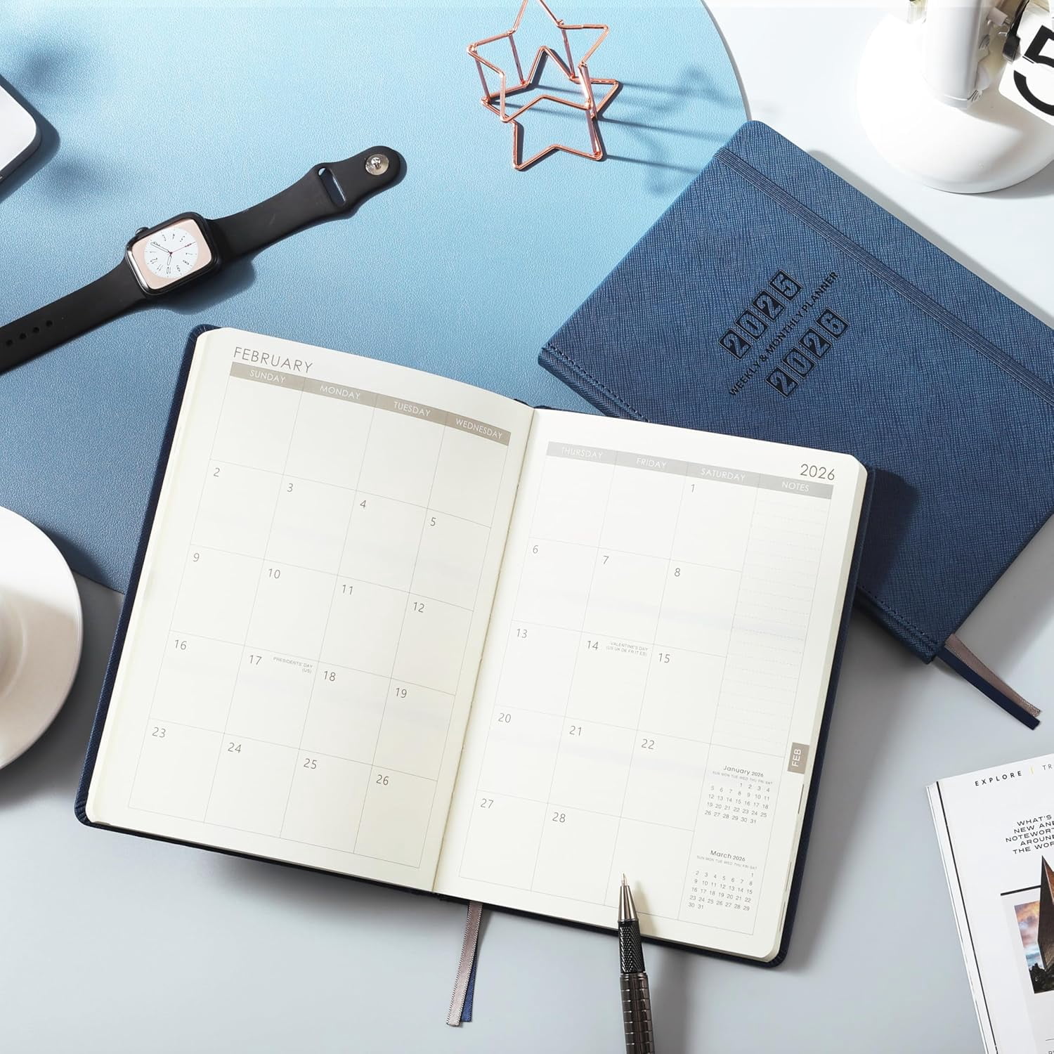 Planner 2025-2026 - Academic Planner 2025-2026, Jul. 2025 - Jun. 2026, 12-Months Weekly and Monthly, 5.75" x 8.25", Saffiano Leather with Thick Paper, Back Pocket with 40 Notes Pages - Navy Blue