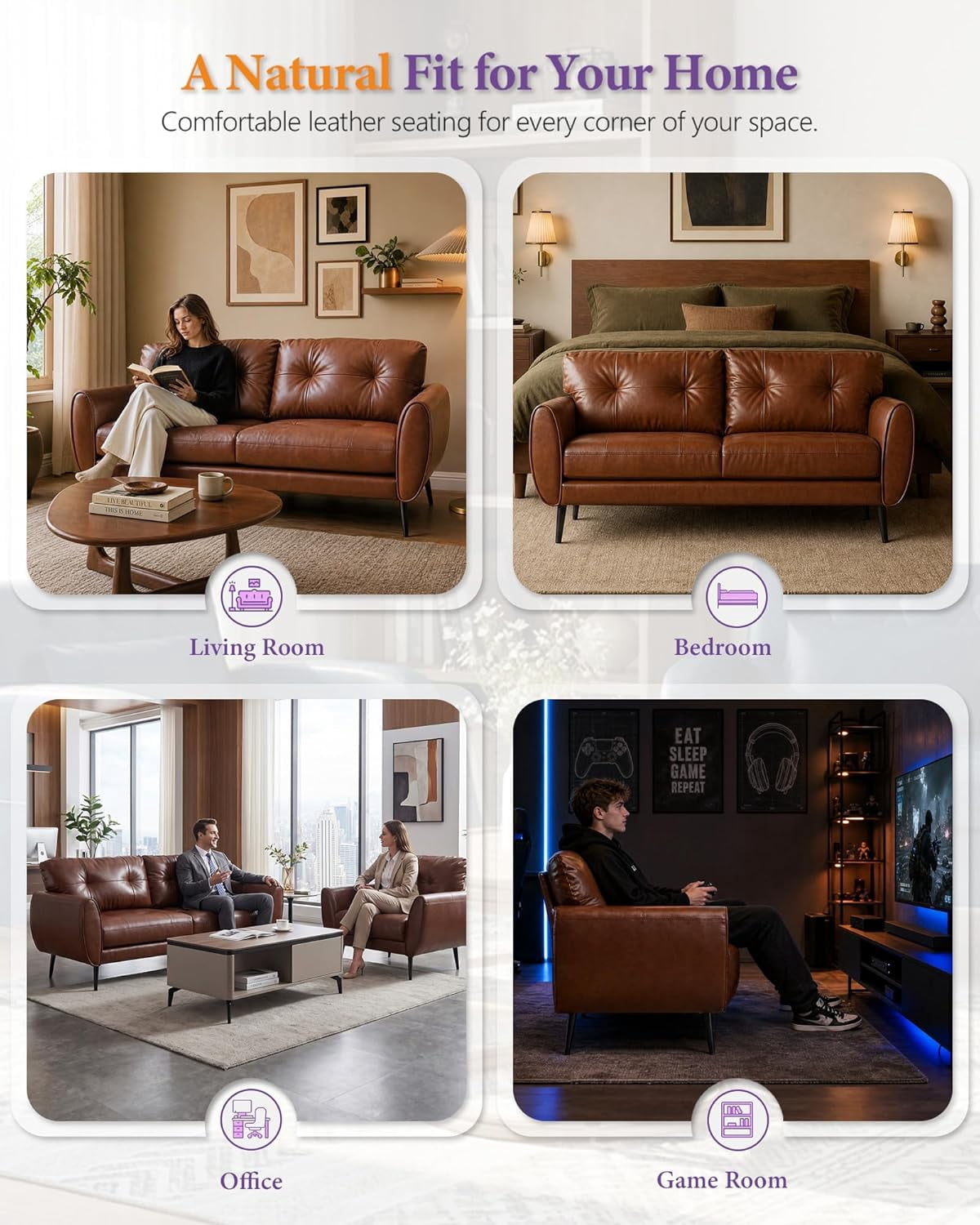 LAZZO 61" Faux Leather Loveseat, Mid Century Modern Tufted 2-Seat Sofa for Small Spaces, Brown