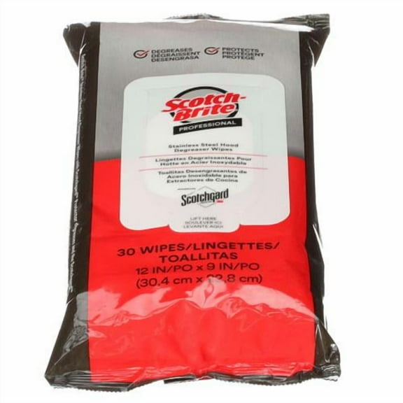 Scotch-Brite Stainless Steel Hood Degreaser Wipes, 9 x 12, Unscented, 30 Wipes/Pack, 6 Packs/Carton