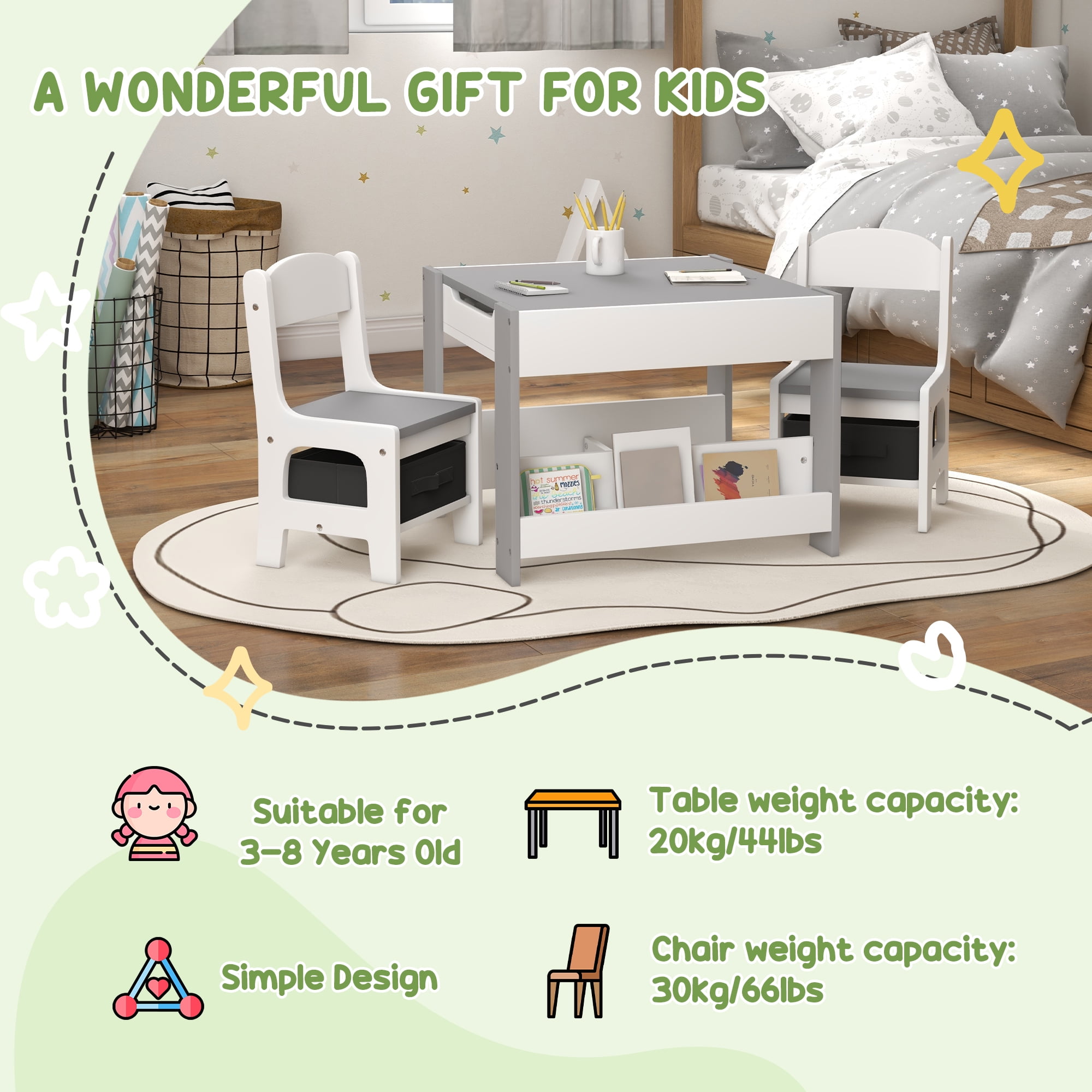 Cribs Qaba 3 Piece Table and Chair Set, 2 in 1 Toddler Table and Chair Set with Reversible Tabletop Blackboard, Storage & Bookshelves for Playroom, Nursery, Gray,Youth Desk and Chair Set