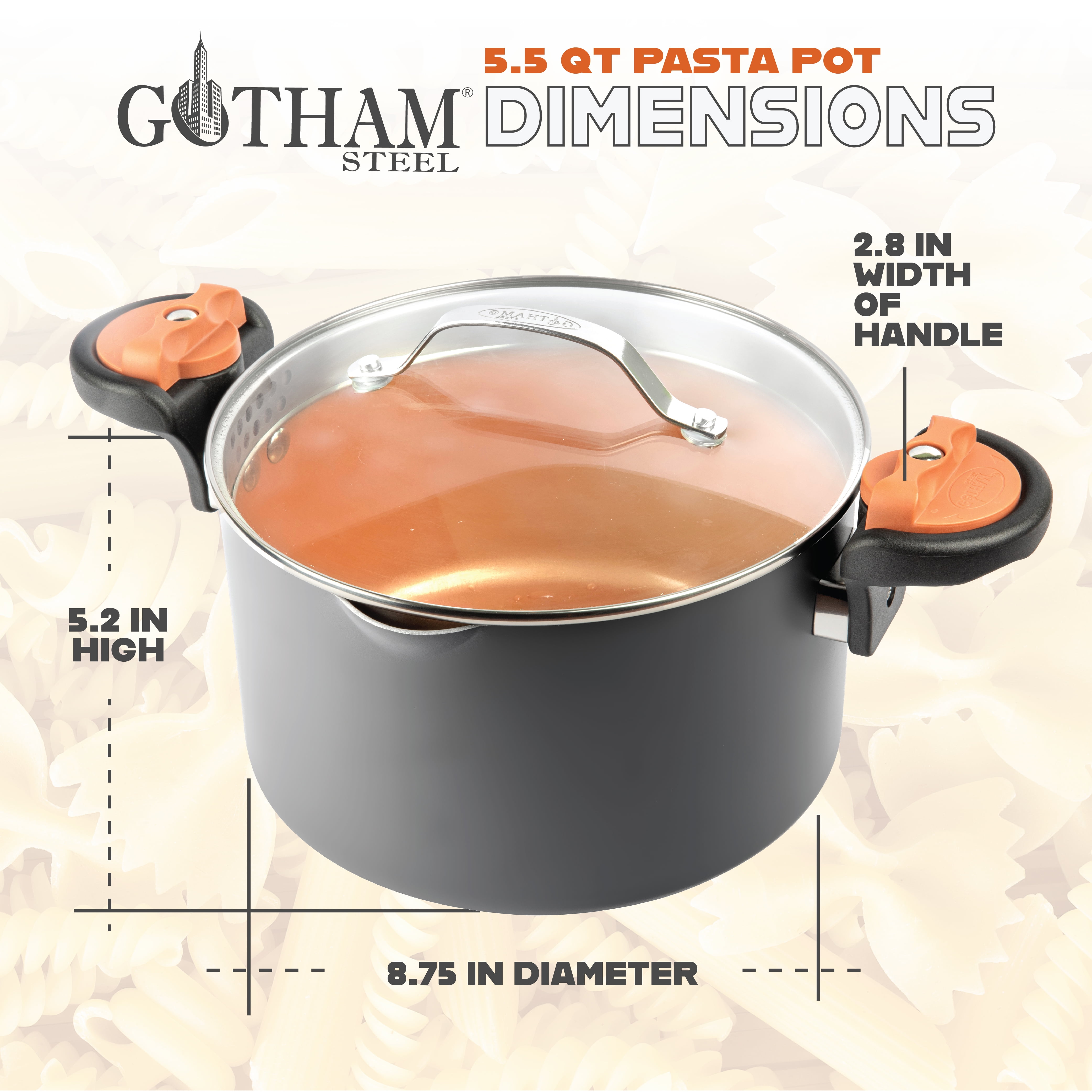 Gotham Steel 5 Qt Stock Pot Nonstick Pasta Pot Soup Pot with Ti-Cerama  Copper Coating with Patented Built in Strainer Lid, Twist N Lock Handles -  As