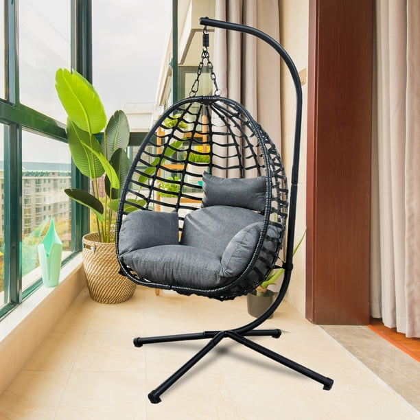 Swing Egg Chair, Wicker Hanging Chair with Stand and Cushion, Heavy