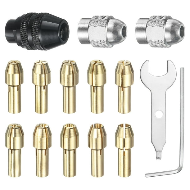 Uxcell 15 piezas Juego de mandriles de taladro 0.5-3.2mm Mini amoladora eléctrica de cambio rápido Reemplazo de herramienta de perforación para herramientas rotativas con 485 tuerca de metal de latón