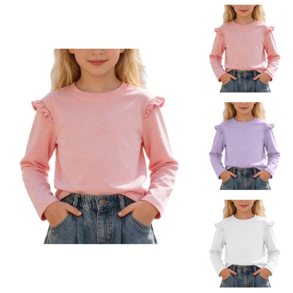 Girls Long Sleeve Shirts Chiffon Blouses Kids Cute Puff Sleeve Ruffle Neck Casual Tops 5-14 Years