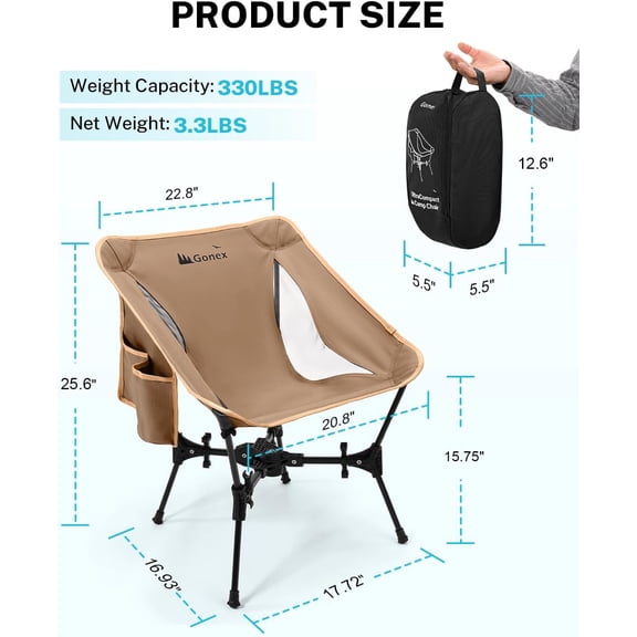 Portable Camping Chair, The 5th Gen Ultralight Compact Backpacking Foldable Lightweight Folding Chair for Outdoor Camp Hiking Beach Picnic Concert, Supports 330lbs (Khaki, 1 PCS)