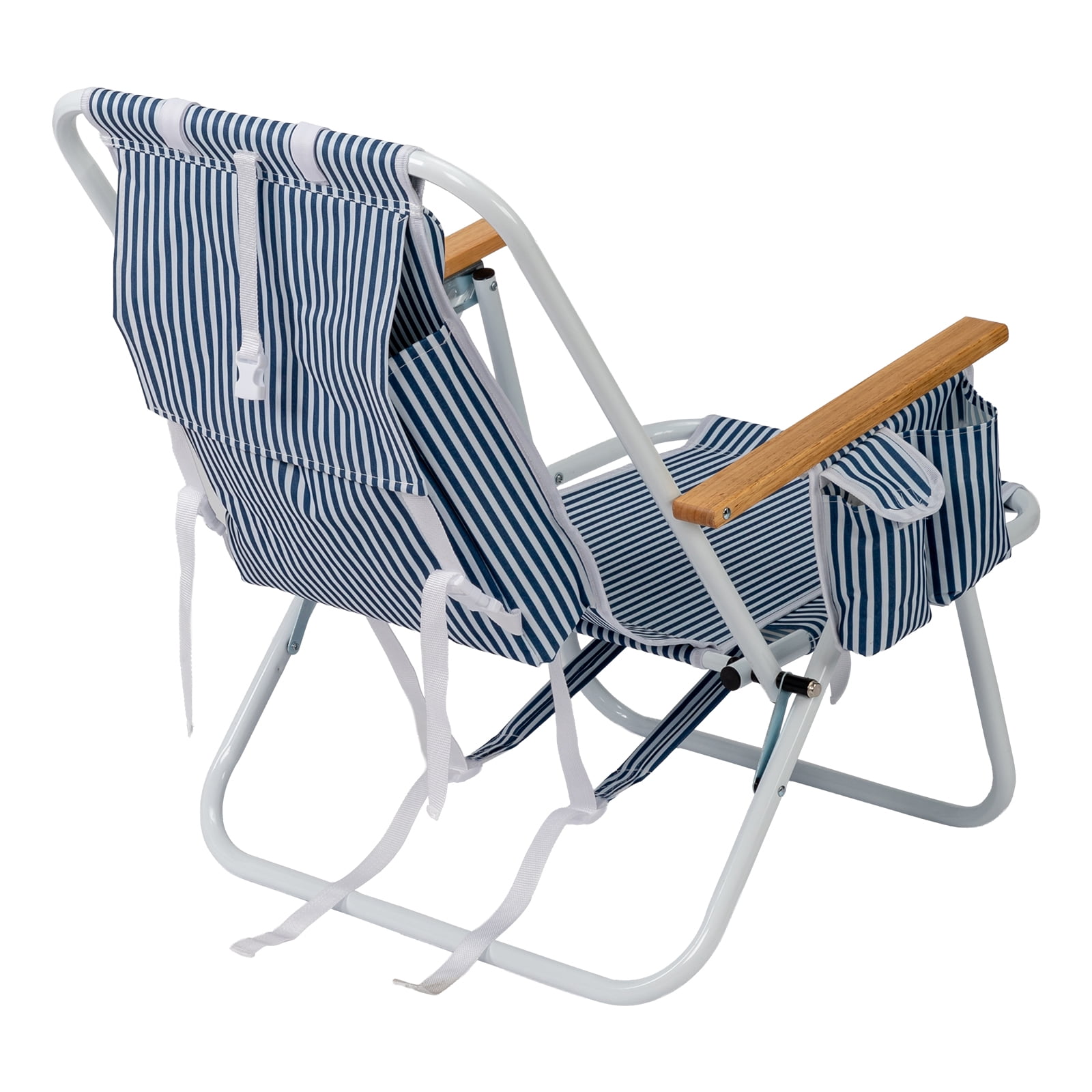 4-Position Adjustable Backpack Beach Chair, Foldable Rustproof Aluminum Frame Lounge Chair with Wooden Armrest, Side Storage Pockets & Detachable Pillow, 24"x22"x37"