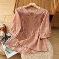 thumbnail image 2 of dgysar Womens Round Neck Shirts Short Sleeve Embroidered Pullover Tops Detailed Needlework Embroidery Design Lightweight Breathable Fabric Solid Color Short Sleeve Spring Summer Apparel Saffron 2XL, 2 of 4