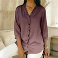 thumbnail image 5 of XPMWRP Women's V‑Neck Ruffle Placket Ombre Gradient Draped 3/4 Sleeve Blouse Soft Loose Fit Casual Summer Top Romantic Feminine for Daily Vacation Wear Wine XXL, 5 of 5