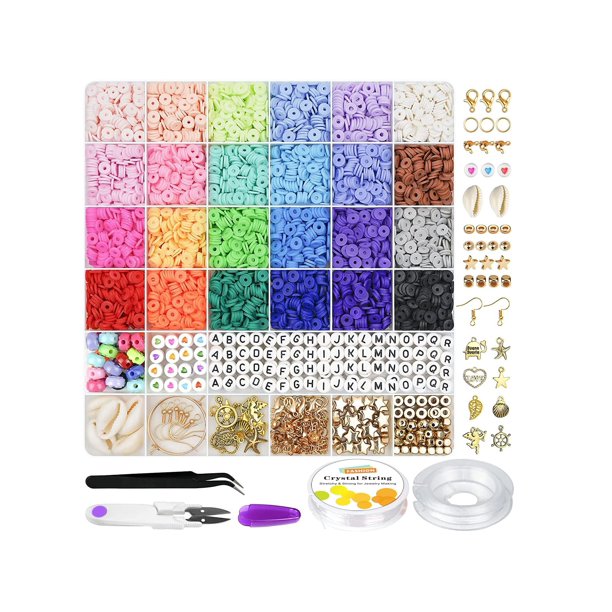 1Box/6000 Pcs Clay Beads for Bracelet Making, 24 Colors Flat Round Polymer Clay Beads 6mm Spacer Heishi Beads with Pendant Charms Kit and Elastic Strings for Jewelry Making Kit Bracelets Necklace For