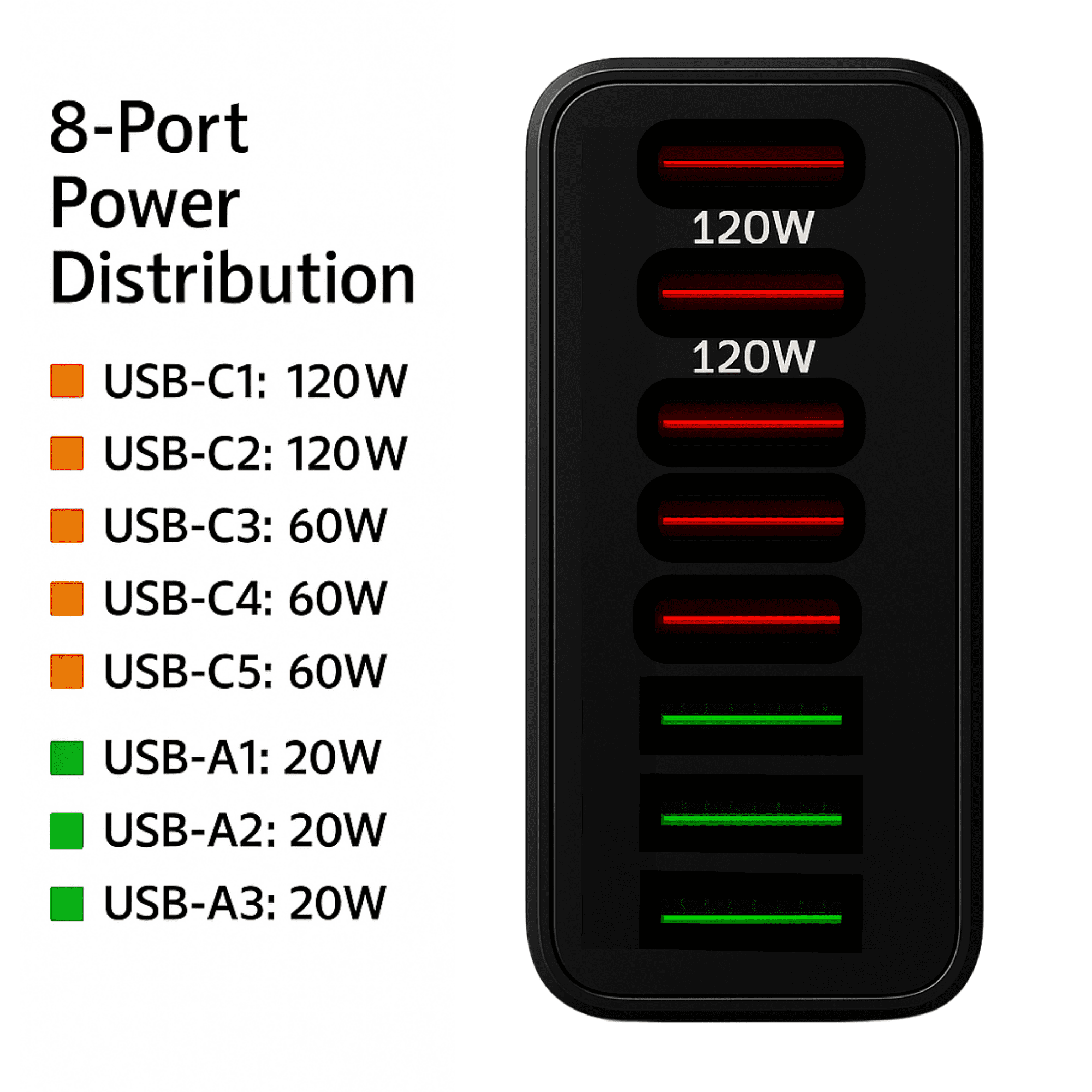500W GaN USB-C Fast Charging Station – 8-Port Desktop Charger for Laptop, Phone, Tablet – PD 3.0 QC 3.0 – Power Cord Included