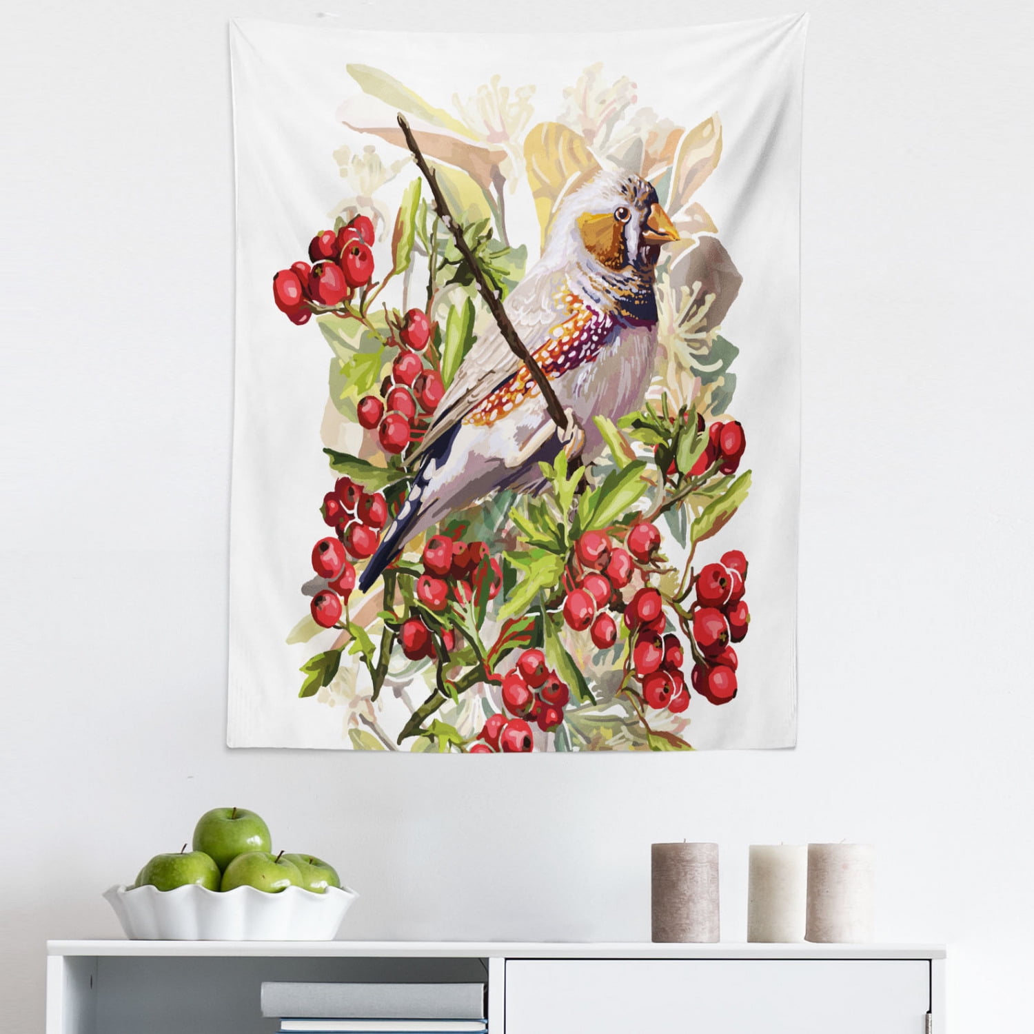 Rowan Tapestry, Colorful Bird Flower and Rowan Shrubs on White Backdrop