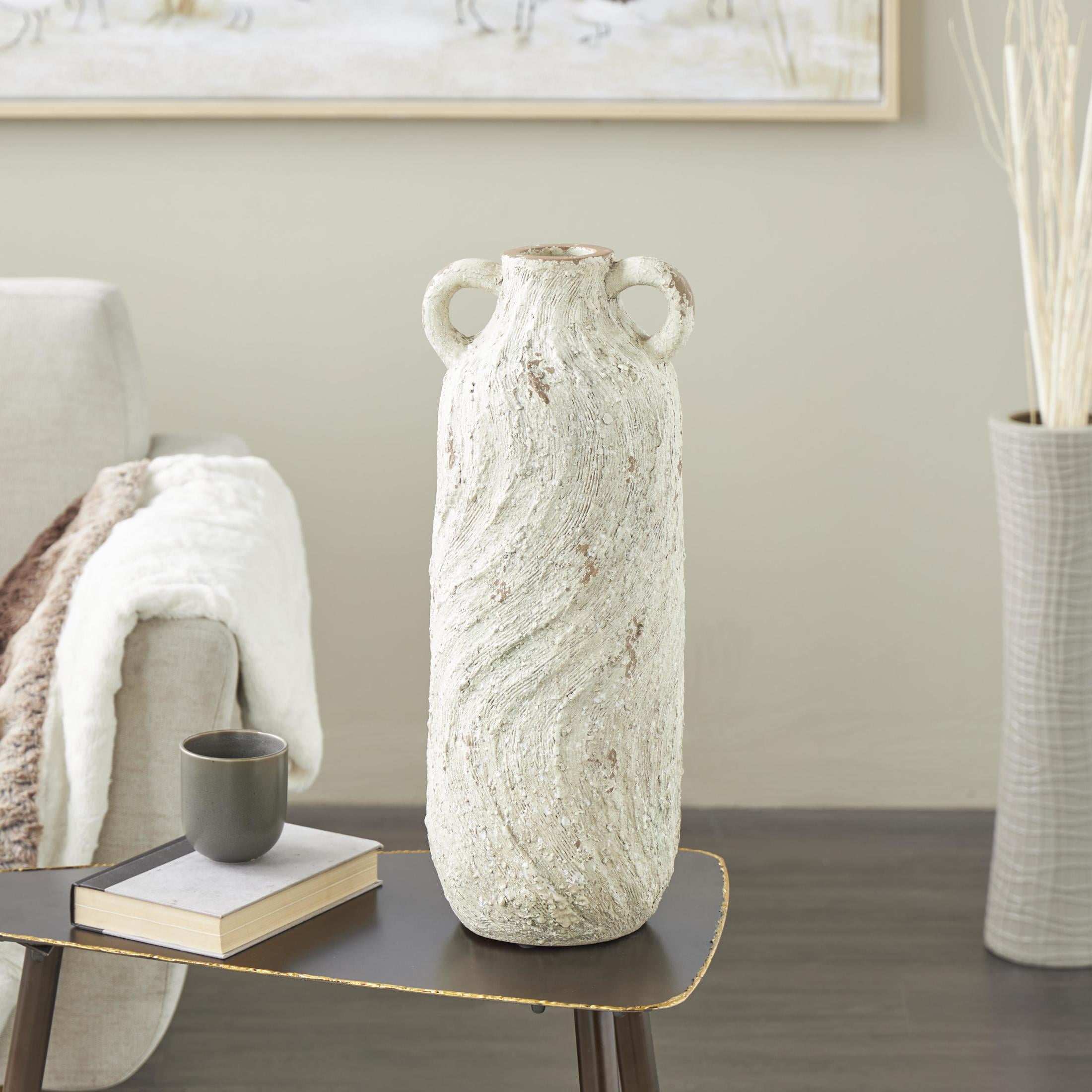 DecMode 22" Antique Textured Amphora Cream Magnesium Oxide Vase with 2 Small Handles