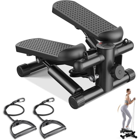 Simenmax Portable Stair Stepper with Resistance Bands, 300LBS Capacity Mini Stepper Machine for Full Body Workout at Home or Office, Quiet Twist Stepper for Fitness, Black