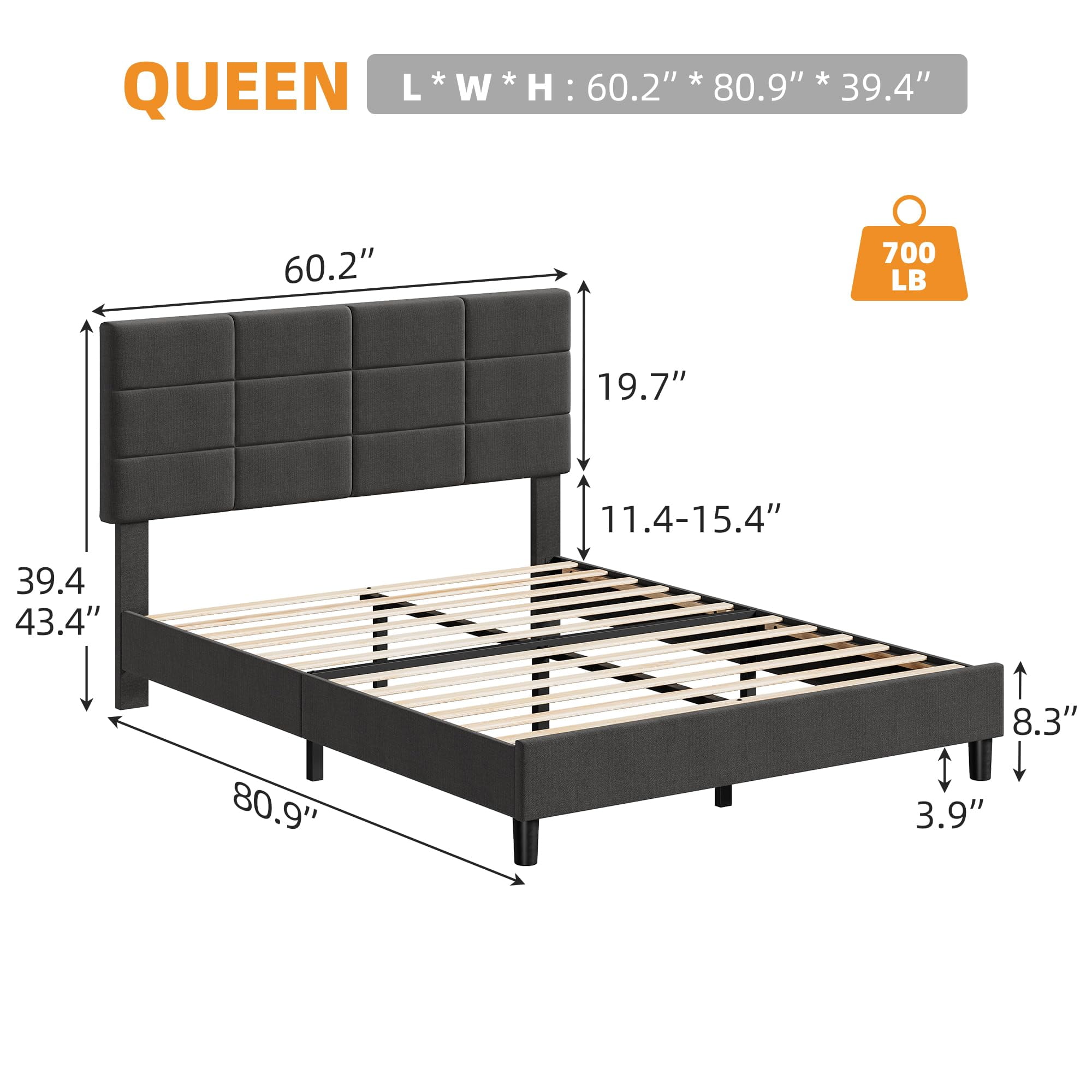 TROPOW Queen Bed Frame,with Adjustable Headboard,Linen Upholstered Queen Platform Bed Frame with Wooden Slats Support, Mattress Foundation and No Box Spring Needed, Dark Grey